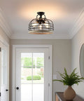 Industrial Farmhouse 17 Inch 3 Light Pendant Chandelier With Cage Shade Convertible Semi Flush Ceiling Light in hallway