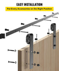 Close-up of 11 Ft Sliding Barn Door Hardware Kit installation for heavy duty double door track system with carbon steel construction.