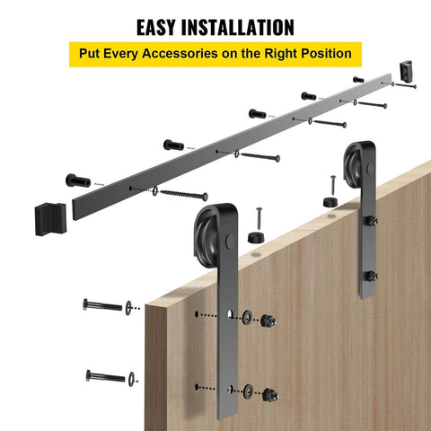 Close-up of 11 Ft Sliding Barn Door Hardware Kit installation for heavy duty double door track system with carbon steel construction.