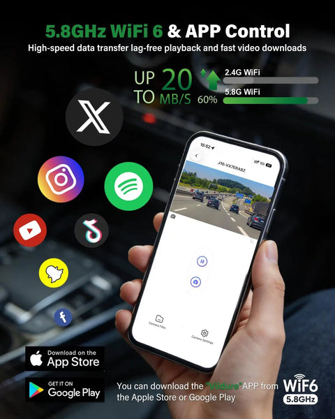 Hand holding smartphone displaying app controlling Crystal Clear 4K Front Cabin Rear Dash Cam With 5.8 GHz WiFi 6 IR Night Vision.