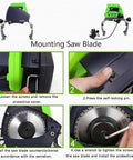 Instructions for mounting saw blade on No Sweat Electric Pipe Cutter, showcasing steps and components clearly.
