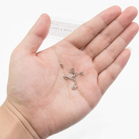 Hand holding Micro Eyeglass And Sunglass Repair Screws Kit With Nuts, Stainless Steel Tiny Screws Assortment For Spectacles And Watches