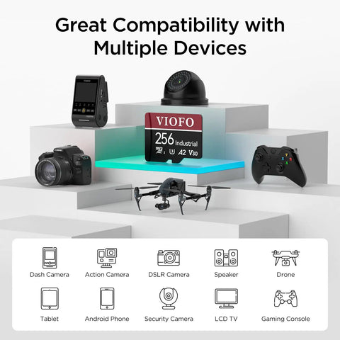 Display of Industrial Grade 256GB MicroSD Card With Adapter For Dash Cams And Action Cams Ultra High Speed U3 A2 V30 Endurance Rated For 4K Video Recording In Tough Conditions alongside compatible electronic devices.