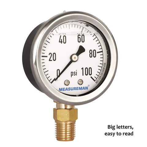 Pressure gauge with 2 inch dial, glycerin-filled, 0–100 psi, black steel case and brass 1/4 inch NPT lower mount
