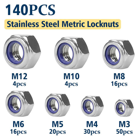 Nylon Insert Lock Nut Set, 140Pcs Metric Lock Nuts M3 M4 M5 M6 M8 M10 M12 Anti Loosening In 304 Stainless Steel shown in various sizes