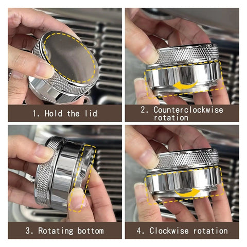 Demonstrating use of Straight Up Game Changer 58mm Stainless Steel Espresso Coffee Distributor And Adjustable Palm Tamper steps.