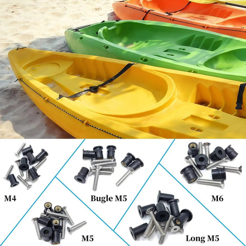 63 Piece M4 M5 M6 Rubber Well Nuts Kit With Premium Brass Insert Bushings And Weather Resistant Stainless Steel Screws on kayaks