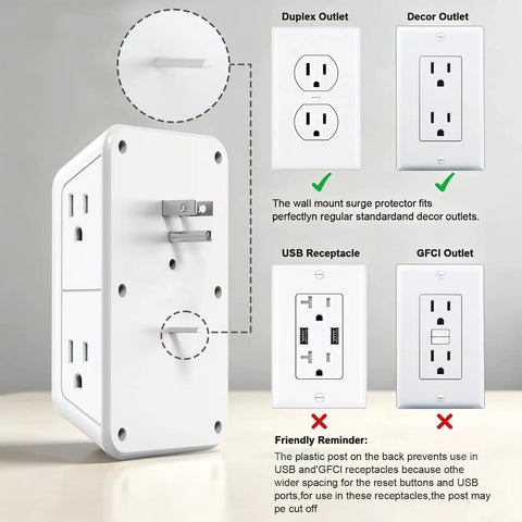 Straight Up Best Wide Spaced Wall Outlet Extender Includes Night Light showing duplex and USB receptacles with surge protection.