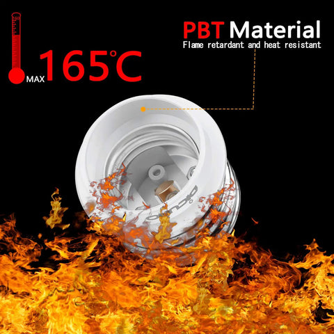E39 To E26 Light Bulb Socket Adapter heat test showing 165°C resistance with flames, PBT material, 200W Max