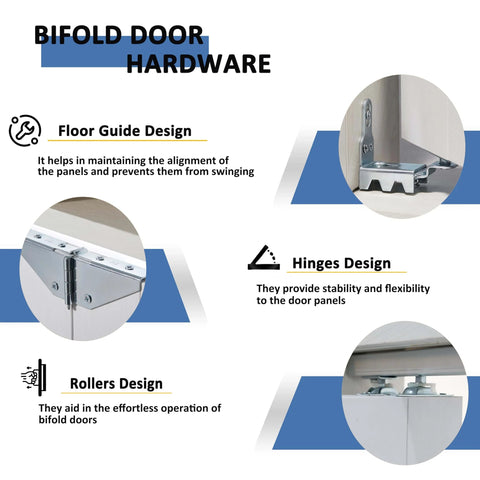 Bifold door hardware including floor guide, hinges, and rollers, showing details of design features and functionality.