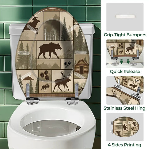 Elongated Resin Toilet Seat for Cabin Bathrooms with forest-themed design, stainless steel hinges, fits standard toilets.