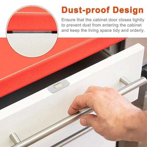 12 Pack No Drill Magnetic Cabinet Catches Ultra Thin Stainless Steel With Strong Adhesive For Kitchen Bathroom Closet And Rv Door Catching Solutions, showcasing dust-proof design on closed cabinet.
