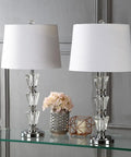 27 Inch Clear Crystal Table Lamp Set Of 2 With Glam Traditional Chrome Accents, White Linen Shade, on glass table