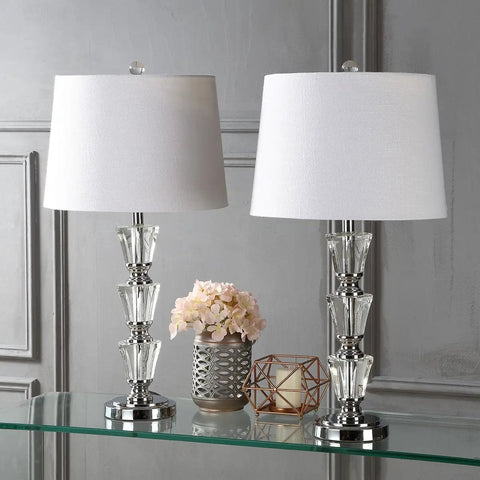 27 Inch Clear Crystal Table Lamp Set Of 2 With Glam Traditional Chrome Accents, White Linen Shade, on glass table