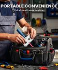 Person using Heavy Duty Electrician Wire Puller Drill Powered Cable Tugger Tool from a dark tool bag during electrical work.