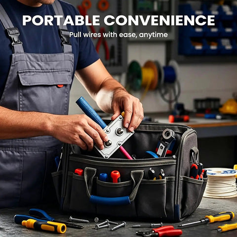 Person using Heavy Duty Electrician Wire Puller Drill Powered Cable Tugger Tool from a dark tool bag during electrical work.