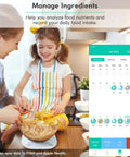 Child using Smart Food Scale With Nutritional Calculator And App For Macro Tracking And Calorie Counting, 22 Lb Digital Kitchen Scale, USB Rechargeable, Keto Friendly, Grams And Ounces, 0.1 Oz And 0.5 G Precision, White in kitchen with parent, app interface on screen