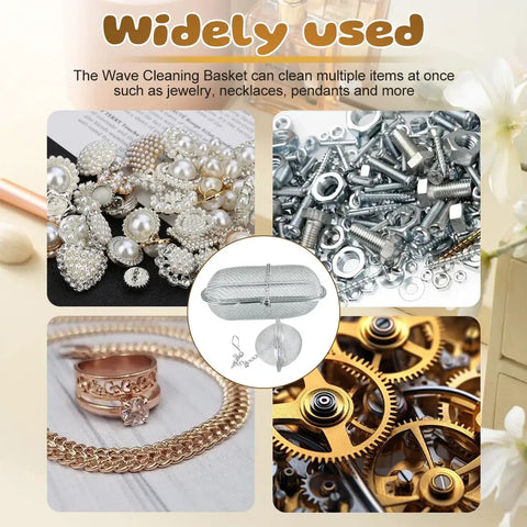 Heavy Duty Stainless Steel Ultrasonic Basket For Jewelry And Small Parts Cleaning Compatible With All Cleaner Units, showing assorted jewelry and small parts.