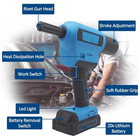 Cordless Brushless Rivet Gun With 20V Battery, showcasing adjustable stroke, battery removal switch, and soft rubber grip.