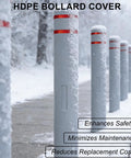 Built Like A Tank Hdpe Bollard Cover 5 X 46 Inch Grey Push On Post Sleeve with reflective collars in snowy environment.