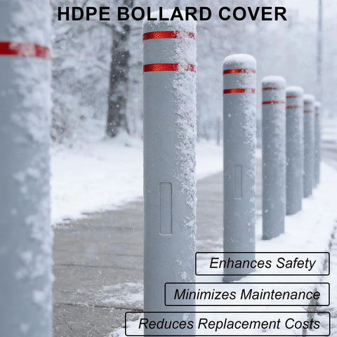 Built Like A Tank Hdpe Bollard Cover 5 X 46 Inch Grey Push On Post Sleeve with reflective collars in snowy environment.