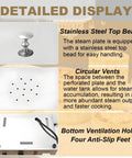 Detailed display of electric food steamer for commercial kitchens with stainless steel top bead and circular vents.