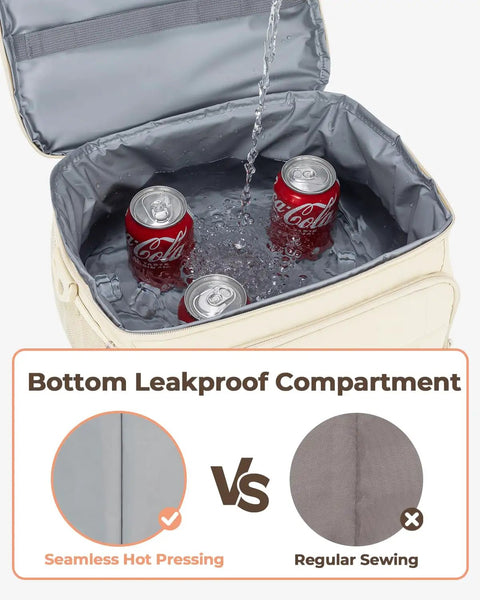 Insulated Puffer Cooler Bag Holds Thirty Two Cans Soft Side Duffel Tote With Double Deck Setup Built For Weekend Warrior Chill Sessions Tailgate Stashes And Day Trip Essentials Beige showing leakproof design with cans inside.