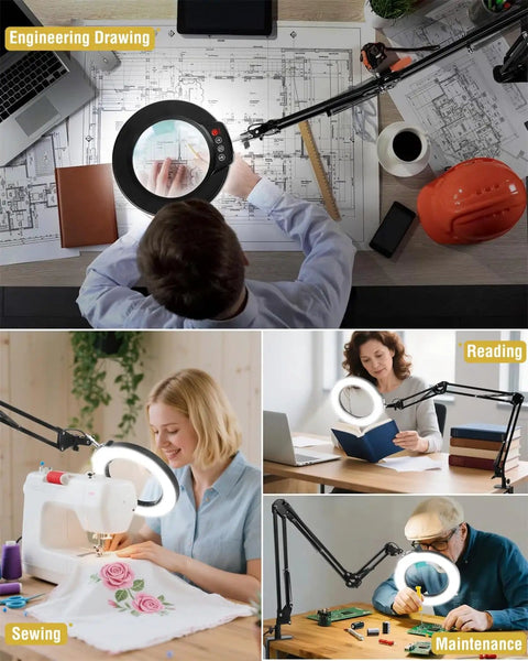 Ultra Long 3 Section Swing Arm Magnifier Lamp With Light And Clamp Real Glass Lens Dimmable LED for precision work setup