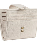 Slim RFID Blocking Wallet For Women, Small Leather Bifold Card Holder With Zipper Coin Pocket, Beige, showing double-snap closure.