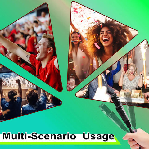 Collage showing 8 Pack 7.5 Inch Plastic Hand Clappers Noisemakers in diverse party and cheering scenes