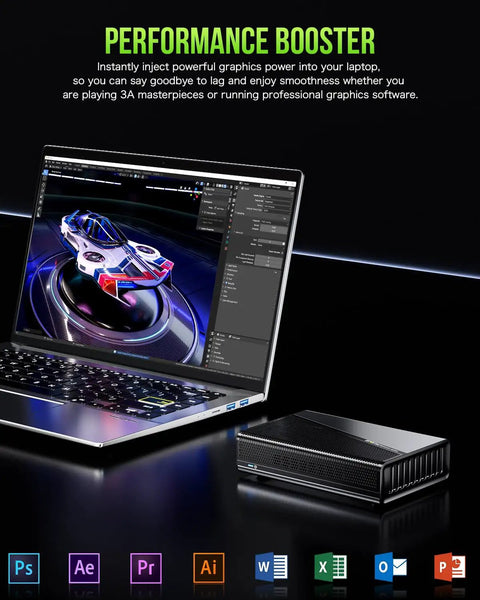 External Gpu Docking Station With Amd Radeon 7600M Xt Graphics Card, 8G Gddr6 Memory, Usb4 And Oculink Connectors, Hdmi 2.1 And Displayport 2.0 for gaming setup next to laptop.