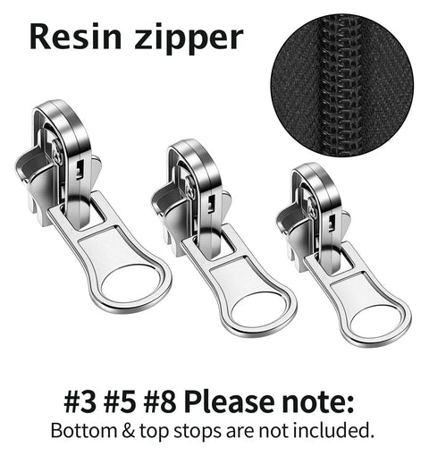 Close-up of resin zipper sliders from 9 Piece Universal Zipper Repair Kit With Pulls And Stops For Jackets Luggage Backpacks And Outdoor Gear Grab And Go Quick Slider Replacement No Sew Fix In Three Sizes Small Medium Large Black And Silver, showing sizes #3, #5, and #8 in silver.
