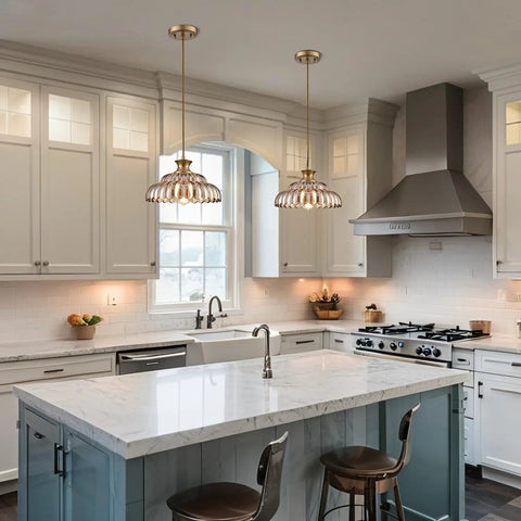 Straight Up Vintage Amber Glass Pendant Light With Ridiculously Smooth Adjustable Hanging Cord And Killer Floral Design For That Total Glow Up Look You Always Wanted in a modern kitchen.