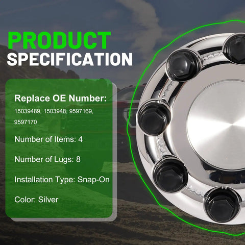 8 Lug Chrome Wheel Center Caps Set 4 Pieces For 1998-2013 Chevy Silverado GMC Sierra with specifications overlay