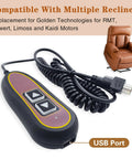 2 Button 5 Pin Lift Chair Remote Hand Control Replacement ZK1200-HC USB Backlight shown with recliner compatibility