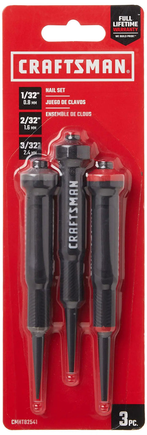 Three Piece Nail Set With Bi Material Grips Flared Handles Color Coded Tip Sizes Hardened Tips For Durability Comfort Grip For Long Use Lifetime Warranty Easy Nail Driving And Quick Adjustments For Pro Level Results