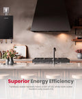 Natural Gas Tankless Water Heater Delivering Whole House Flow Up To 7.6 GPM At 199000 BTU For Indoor Setup, mounted in modern kitchen.