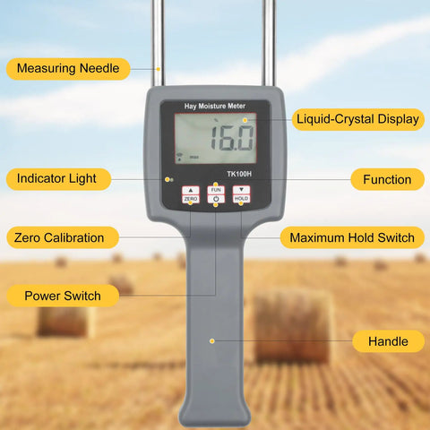 Portable Hay Moisture Tester Probe With Quick 1 Second Reading, Precise Hay Moisture Meter For Bales, 0 To 80 Percent Range, Temperature Humidity Compensation, High Accuracy 0.5 Percent, Easy Field Use On The Go To Prevent Spoilage. Gray handheld hay meter with LCD display and dual probes
