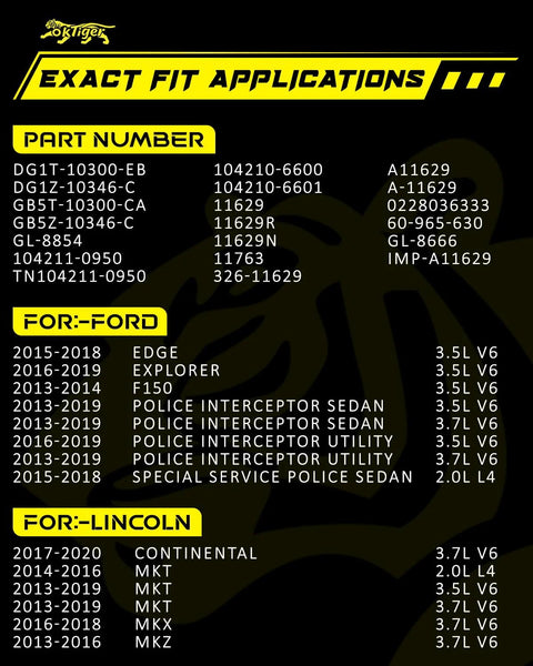 Exact fit applications for Ford and Lincoln, including models like Edge, Explorer, F150, and Continental, shown in tabular format.