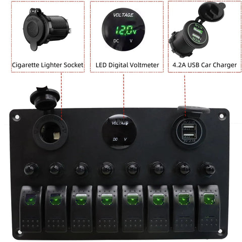 8 Gang Rocker Switch Panel With 15A Reset Circuit Breaker, All In One Dual USB Charger 2.1A, LED Voltmeter, Cigarette Lighter Socket