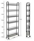Space Saving 6 Inch Slim Rolling Storage Cart With Wheels, 6 Tier Narrow Space Metal Wire Shelving Unit, side and front view