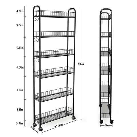 Space Saving 6 Inch Slim Rolling Storage Cart With Wheels, 6 Tier Narrow Space Metal Wire Shelving Unit, side and front view