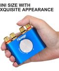 Hand holding compact blue F900S 160W Mini Bluetooth 5.0 Power Amplifier with gold connectors and volume dial.