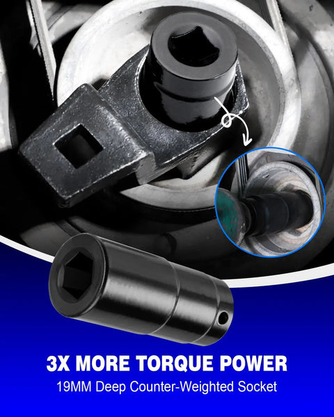Image of No Nonsense Pro Grade Harmonic Balancer Socket 19mm and 50mm crank pulley wrench holder kit showing socket and holder detail.