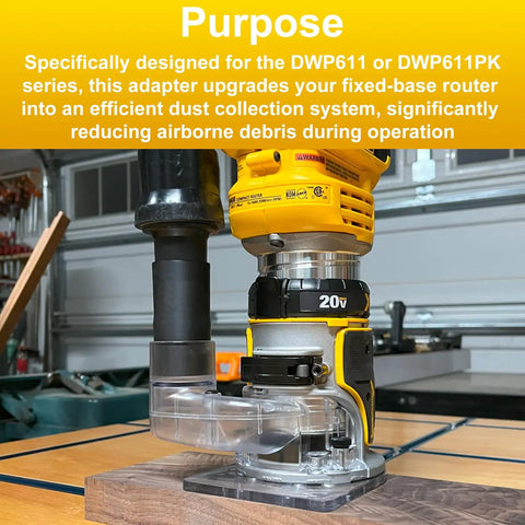 DEWALT DWP611 Router Dust Collection Adapter installed, converting fixed-base router to dust collector, reducing debris.
