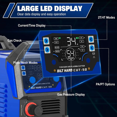 50A Plasma Cutter With Non Touch Pilot Arc Dual Voltage 110V 220V IGBT Inverter Digital Display detailing controls