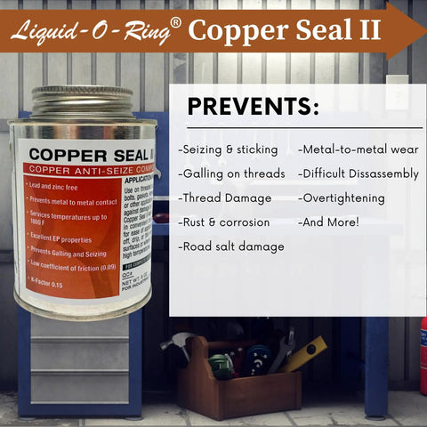 Container of Liquid-O-Ring Copper Seal II anti-seize lubricant with prevention benefits listed.