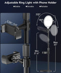 Ring Light With Desk Stand For Video Creation And Makeup, Dimmable LED With 30 Light Modes, phone holder and height details