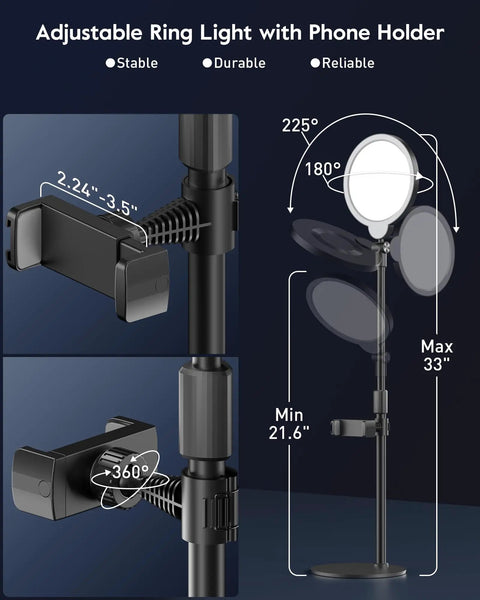 Ring Light With Desk Stand For Video Creation And Makeup, Dimmable LED With 30 Light Modes, phone holder and height details