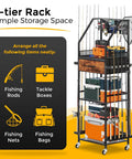 Fishing Rod Rack Organizer With Fabric Drawer And Pegboard 3 Tier Garage Storage For 12 Rods Reels And Tackle Boxes Portable Gear Cart